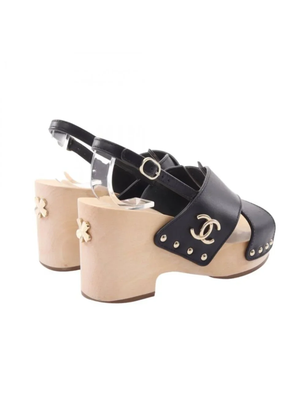 Chanel Sandals CC Logo Clover Wood Wedge Sole Leather